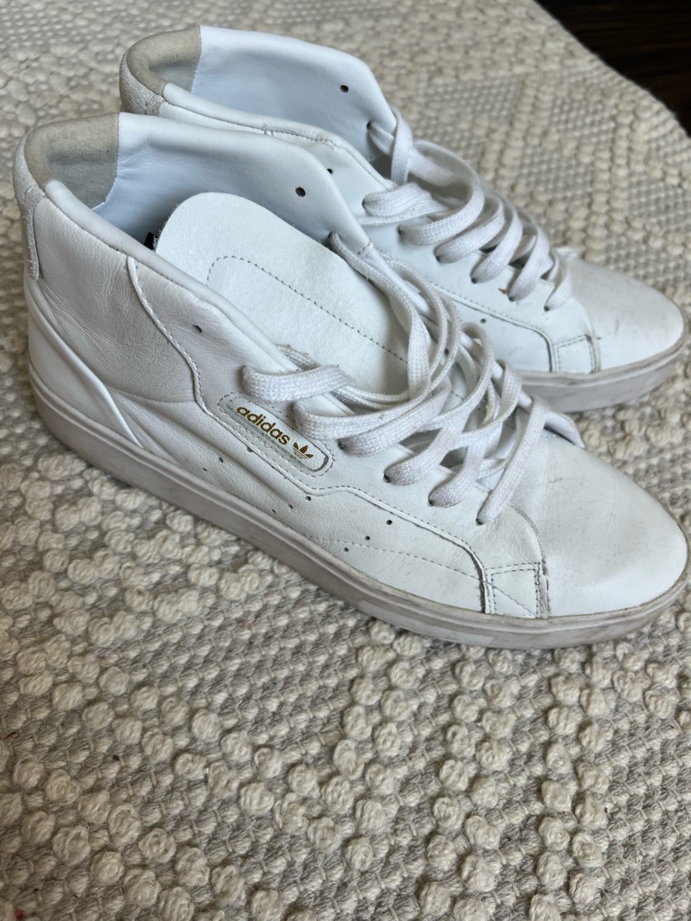 adidas White Leather High-Top Sneakers with Black Tongue Tab